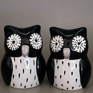 Vintage Black White Owl Salt Pepper Shakers Set Ceramic Retro Kitchen Decor